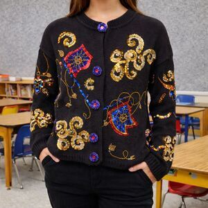 Vintage Lisa Ashley Sequin Cardigan Sweater Black Size M